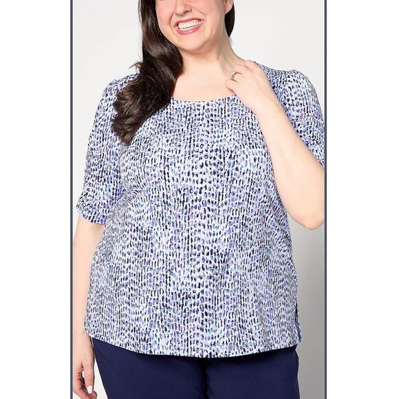 Susan Graver Liquid Knit Puff Sleeve Top - Abstract Print - Size Large NWOT - Picture 1 of 8